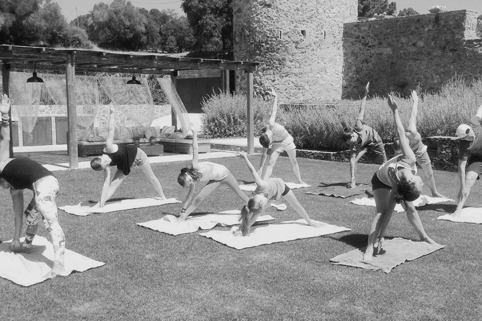 Class of yoga in mas torroella black and white photo